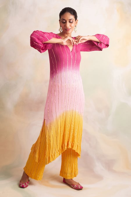Buy_Palak & Mehak_Pink Rayon Crepe Striped V Neck Ombre Kurta And Pant Set _Online_at_Aza_Fashions