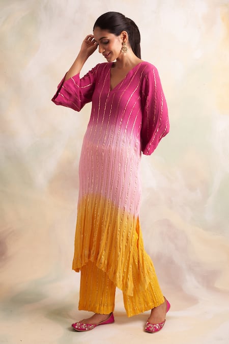Shop_Palak & Mehak_Pink Rayon Crepe Striped V Neck Ombre Kurta And Pant Set _Online_at_Aza_Fashions