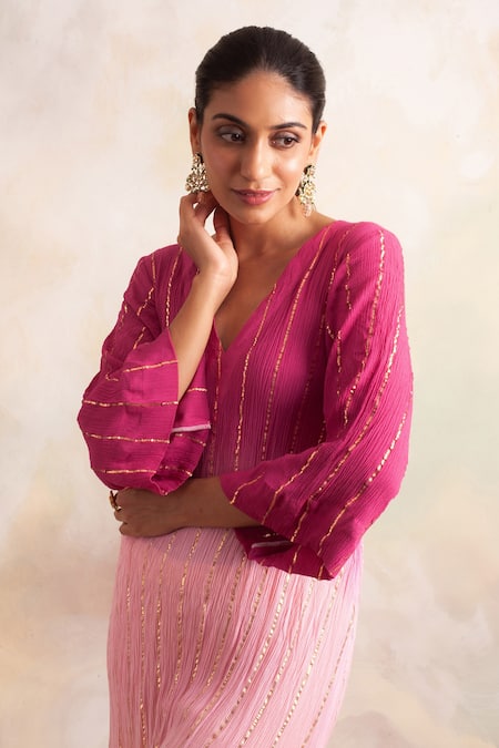 Palak & Mehak_Pink Rayon Crepe Striped V Neck Ombre Kurta And Pant Set _at_Aza_Fashions