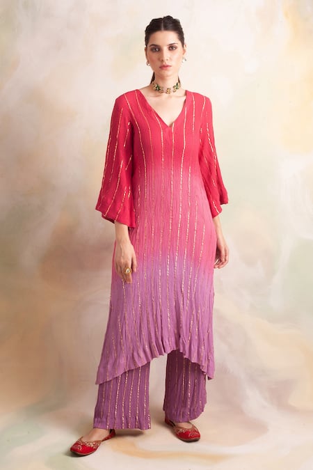 Buy Palak & Mehak Pink Rayon Crepe Striped V Neck Ombre Kurta And Pant Set Online at Aza Fashions Buy_Palak & Mehak_Pink Rayon Crepe Striped V Neck Ombre Kurta And Pant Set _Online_at_Aza_Fashions