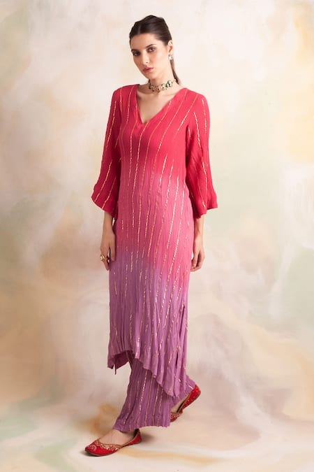 Shop Palak & Mehak Pink Rayon Crepe Striped V Neck Ombre Kurta And Pant Set Online at Aza Fashions Shop_Palak & Mehak_Pink Rayon Crepe Striped V Neck Ombre Kurta And Pant Set _Online_at_Aza_Fashions