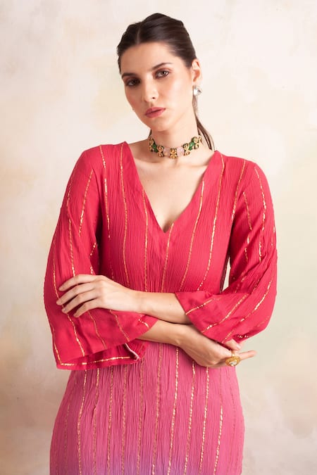 Palak & Mehak Pink Rayon Crepe Striped V Neck Ombre Kurta And Pant Set at Aza Fashions Palak & Mehak_Pink Rayon Crepe Striped V Neck Ombre Kurta And Pant Set _at_Aza_Fashions