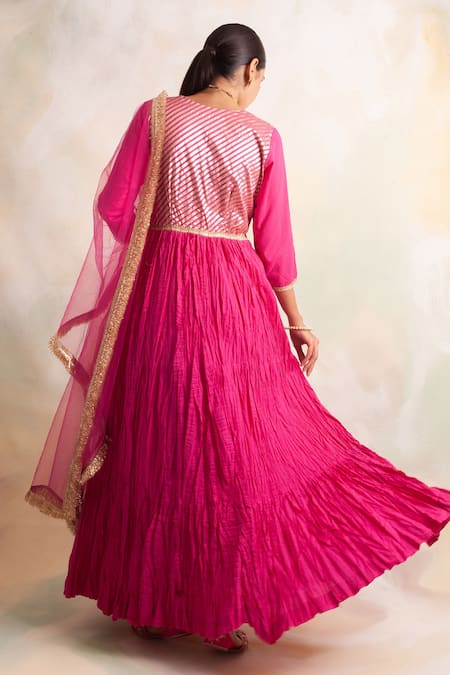 Palak & Mehak Pink Cotton, Net, Banarasi Gota Round Embroidered Anarkali With Dupatta at Aza Fashions Palak & Mehak_Pink Cotton, Net, Banarasi Gota Round Embroidered Anarkali With Dupatta _at_Aza_Fashions