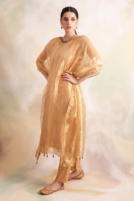 Buy_Palak & Mehak_Gold Kurta Tissue, Pant Soft Modal V Neck Flared Sleeve Kaftan And Set _Online_at_Aza_Fashions