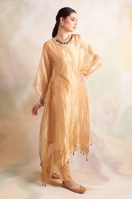 Shop_Palak & Mehak_Gold Kurta Tissue, Pant Soft Modal V Neck Flared Sleeve Kaftan And Set _Online_at_Aza_Fashions