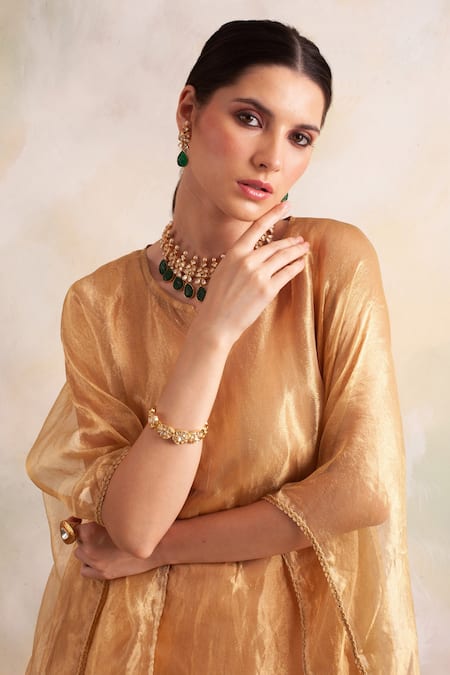 Palak & Mehak_Gold Kurta Tissue, Pant Soft Modal V Neck Flared Sleeve Kaftan And Set _at_Aza_Fashions