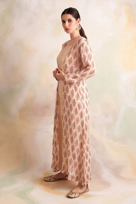 Palak & Mehak_Peach Georgette Floral Pattern Square Block Print Jacket And Crop Top Pant Set _Online_at_Aza_Fashions