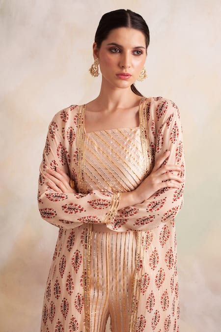 Buy_Palak & Mehak_Peach Georgette Floral Pattern Square Block Print Jacket And Crop Top Pant Set _Online_at_Aza_Fashions
