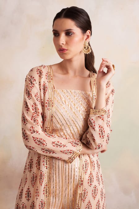 Shop_Palak & Mehak_Peach Georgette Floral Pattern Square Block Print Jacket And Crop Top Pant Set _Online_at_Aza_Fashions