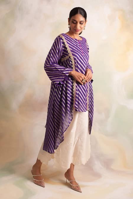 Buy_Palak & Mehak_Purple Banarasi Gota Patti Round Neck Work Top And Pants Set _Online_at_Aza_Fashions