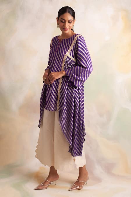 Shop_Palak & Mehak_Purple Banarasi Gota Patti Round Neck Work Top And Pants Set _Online_at_Aza_Fashions