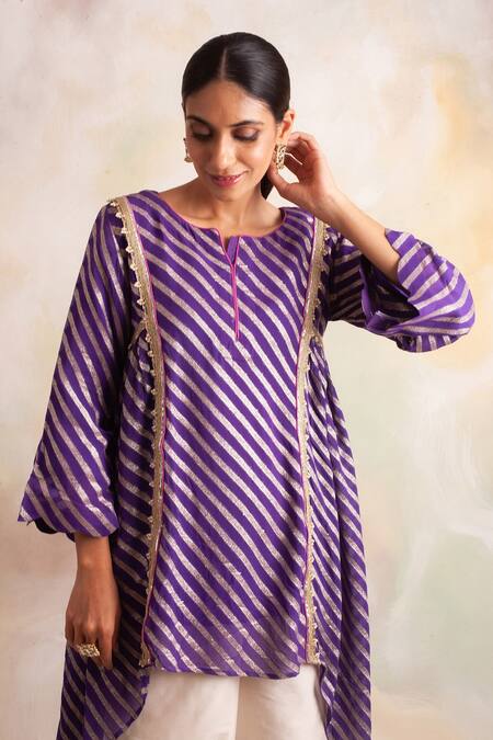 Palak & Mehak_Purple Banarasi Gota Patti Round Neck Work Top And Pants Set _at_Aza_Fashions