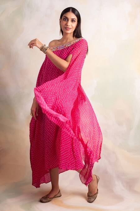Buy_Palak & Mehak_Pink Crepe Floral, Bandhani Asymmetric Print Dress_Online_at_Aza_Fashions