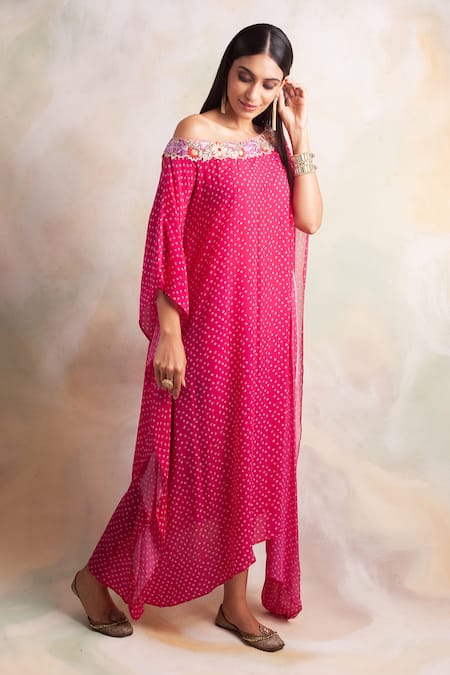 Shop_Palak & Mehak_Pink Crepe Floral, Bandhani Asymmetric Print Dress_Online_at_Aza_Fashions
