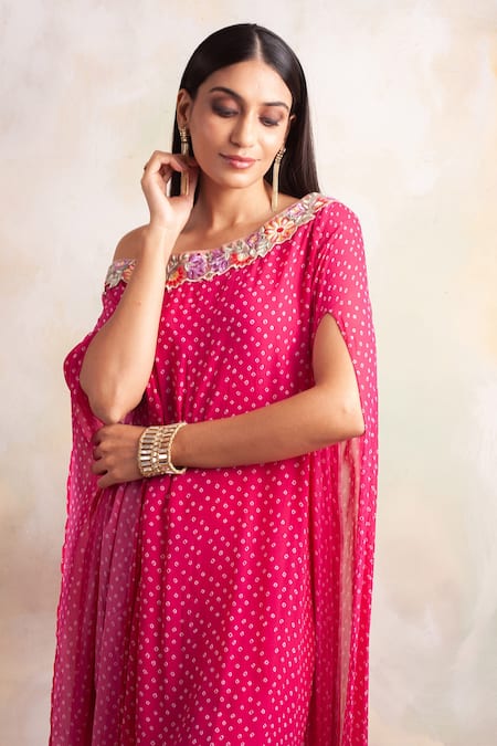Palak & Mehak_Pink Crepe Floral, Bandhani Asymmetric Print Dress_at_Aza_Fashions