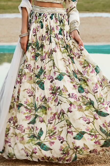 Buy_Basanti - Kapde Aur Koffee_Ivory Viscose, Organza Embroidery, Beads, Mirrors Flower Print Lehenga Set_Online_at_Aza_Fashions