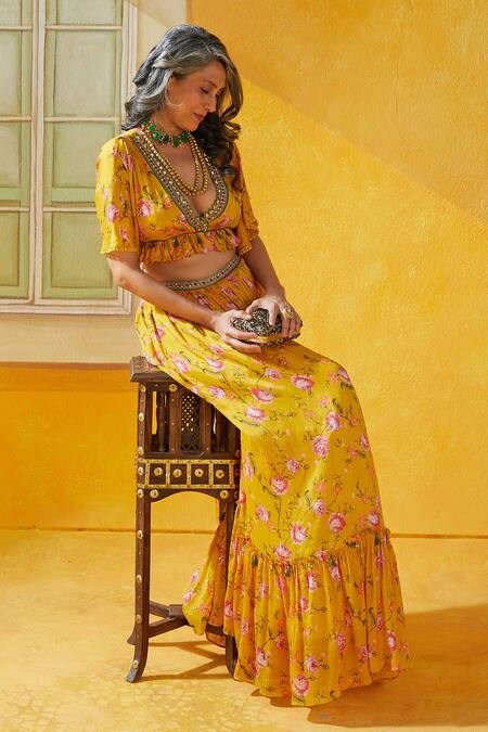 Buy_Basil Leaf_Yellow Chiffon Sequins, Embroidery, Beads V-neck Floral Print Tiered Lehenga Set_Online_at_Aza_Fashions