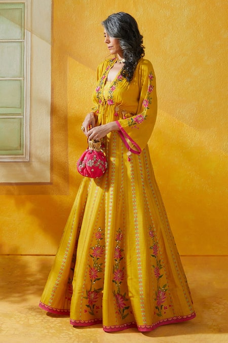 Basil Leaf_Yellow Tussar, Chiffon Sequins, Zari Floral Print And Embellished Lehenga Set_Online_at_Aza_Fashions