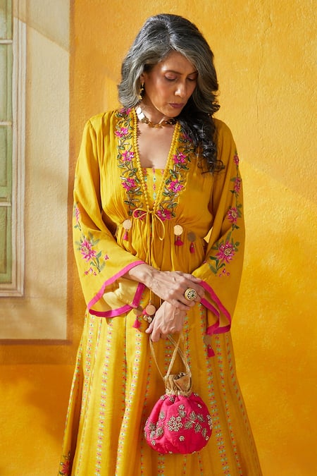 Buy_Basil Leaf_Yellow Tussar, Chiffon Sequins, Zari Floral Print And Embellished Lehenga Set_Online_at_Aza_Fashions