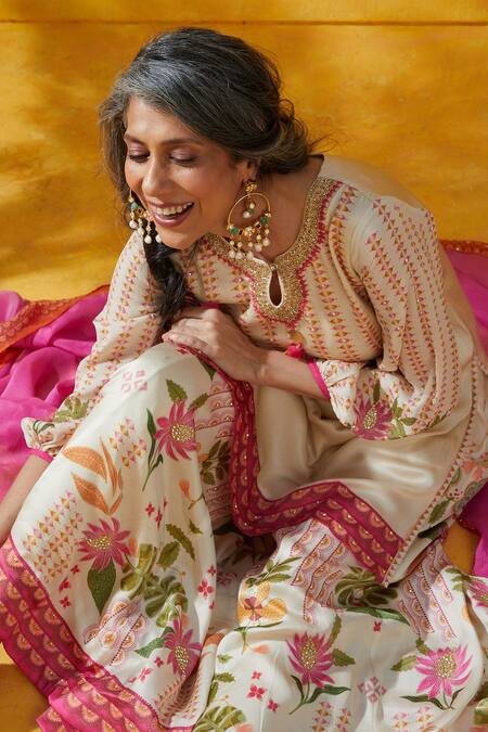 Shop_Basil Leaf_Beige Bamboo, Organza Sequins, Beads, Embroidery Floral Print Sharara Set_Online_at_Aza_Fashions