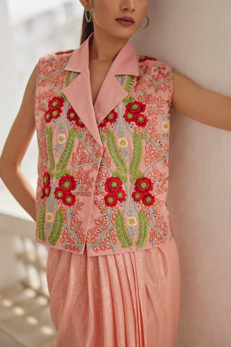 Buy_Betrue_Peach Cotton, Linen Embroidery, Sequins Collared Hand Overlap Waistcoat _Online_at_Aza_Fashions