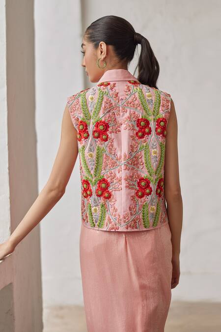 Shop_Betrue_Peach Cotton, Linen Embroidery, Sequins Collared Hand Overlap Waistcoat _Online_at_Aza_Fashions