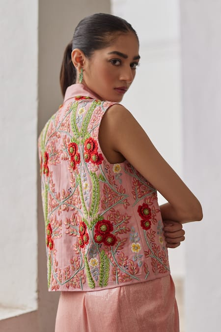 Betrue_Peach Cotton, Linen Embroidery, Sequins Collared Hand Overlap Waistcoat _at_Aza_Fashions