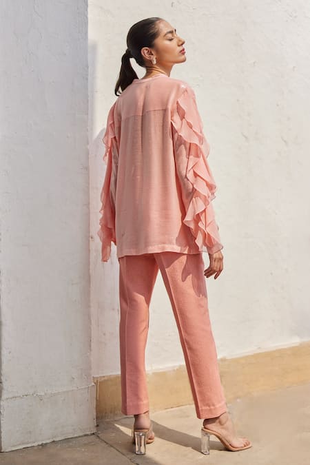 Betrue Peach Georgette Tassels Open Neck Solid Ruffled Sleeve Shirt Online at Aza Fashions Betrue_Peach Georgette Tassels Open Neck Solid Ruffled Sleeve Shirt _Online_at_Aza_Fashions