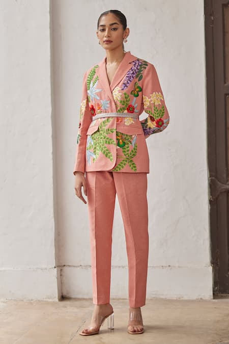 Shop Betrue Peach Lurex, Cotton Solid Narrow Pant at Aza Fashions Shop_Betrue_Peach Lurex, Cotton Solid Narrow Pant _at_Aza_Fashions