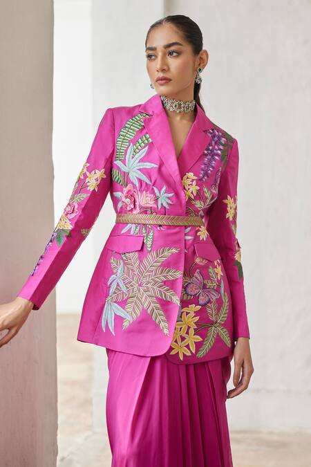 Shop_Betrue_Pink Silk Embroidery Collared Floral Jacket_Online_at_Aza_Fashions