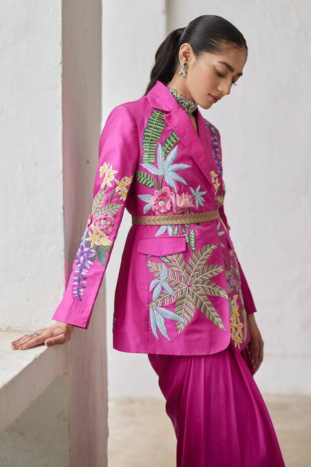 Betrue_Pink Silk Embroidery Collared Floral Jacket_at_Aza_Fashions