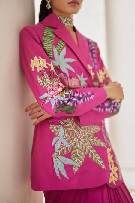 Betrue_Pink Silk Embroidery Collared Floral Jacket_Online_at_Aza_Fashions