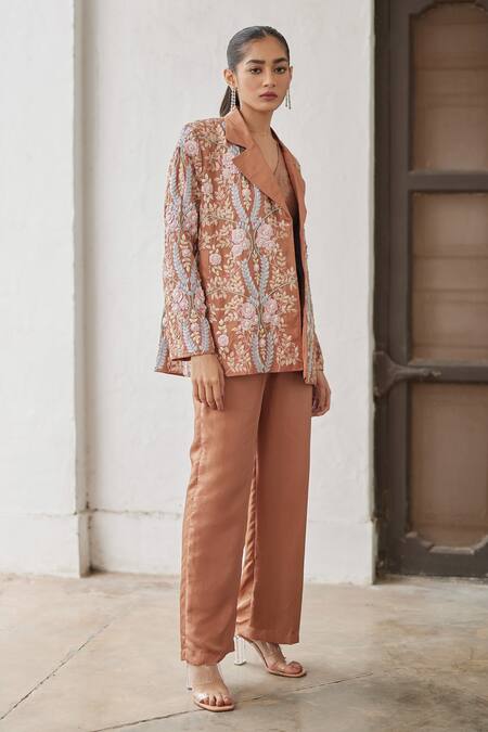 Betrue_Brown Twill, Silk Embroidery Collared Floral Jacket _Online_at_Aza_Fashions