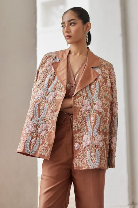 Buy_Betrue_Brown Twill, Silk Embroidery Collared Floral Jacket _Online_at_Aza_Fashions