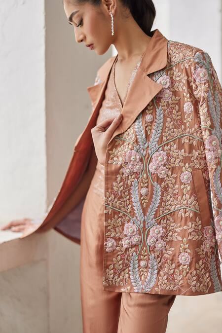 Betrue_Brown Twill, Silk Embroidery Collared Floral Jacket _at_Aza_Fashions