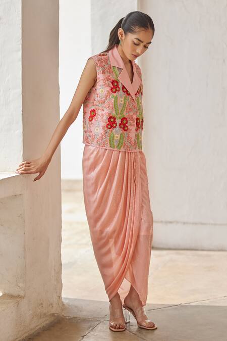 Betrue_Peach Cotton, Linen Embroidery, Sequins Collared Hand Overlap Waistcoat _Online_at_Aza_Fashions