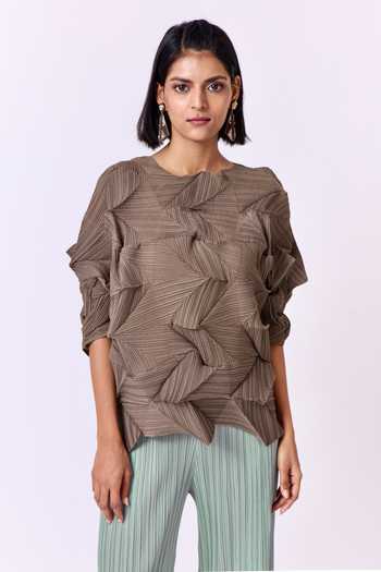 Scarlet Sage_Grey Polyester Round Neck Becky 3d Pleated Top_Online_at_Aza_Fashions