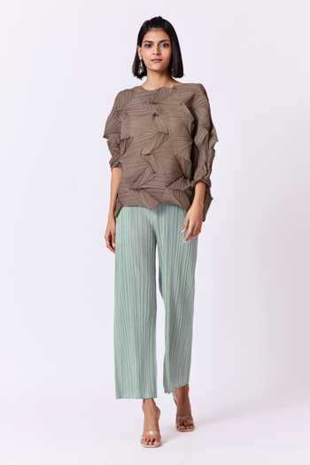 Buy_Scarlet Sage_Grey Polyester Round Neck Becky 3d Pleated Top_Online_at_Aza_Fashions
