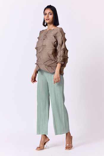 Shop_Scarlet Sage_Grey Polyester Round Neck Becky 3d Pleated Top_Online_at_Aza_Fashions