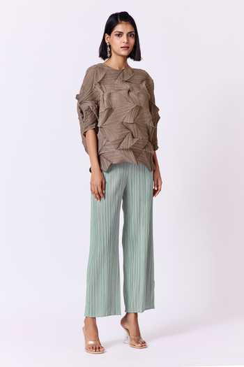 Scarlet Sage_Grey Polyester Round Neck Becky 3d Pleated Top_at_Aza_Fashions