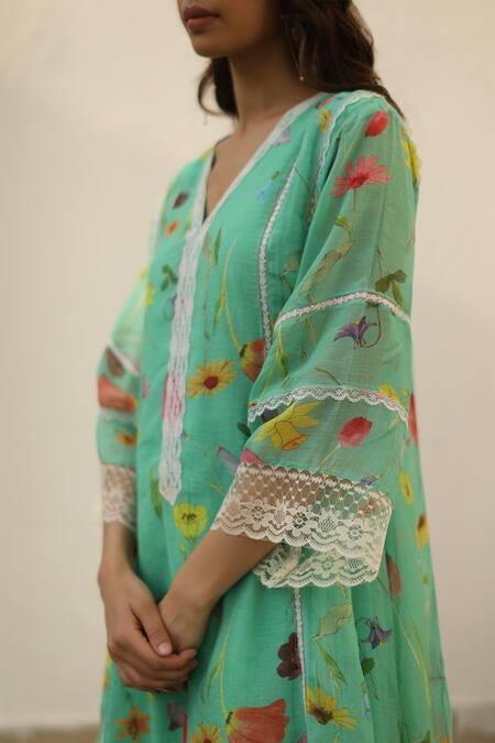 Buy_Begum_Green Kurta Chanderi Printed Watercolor Azra A-line Flared Set  _Online_at_Aza_Fashions