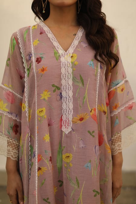 Buy_Begum_Pink Kurta Chanderi Printed Watercolor Floral Azra Flared Set  _Online_at_Aza_Fashions