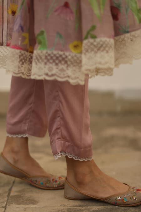 Begum_Pink Kurta Chanderi Printed Watercolor Floral Azra Flared Set  _at_Aza_Fashions