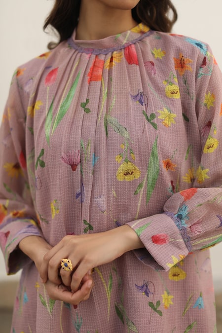 Buy_Begum_Pink Kurta Kota Printed Watercolor Floral Nilofer Asymmetric Hem Set _Online_at_Aza_Fashions