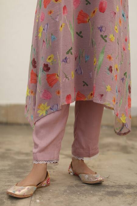 Shop_Begum_Pink Kurta Kota Printed Watercolor Floral Nilofer Asymmetric Hem Set _Online_at_Aza_Fashions