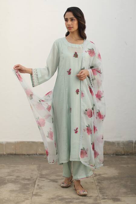 Begum_Green Kurta Chanderi Print And Embroidery Floral Round Aqua Set_Online_at_Aza_Fashions
