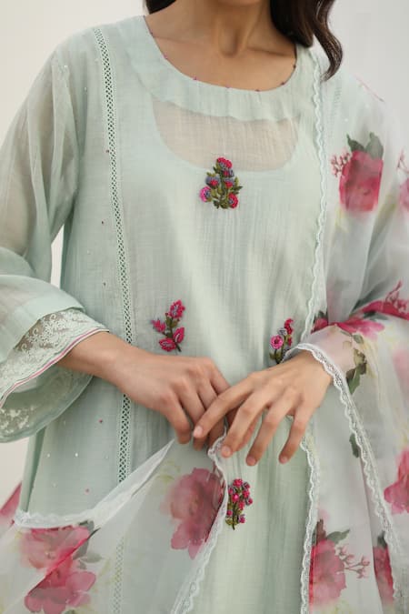 Buy_Begum_Green Kurta Chanderi Print And Embroidery Floral Round Aqua Set_Online_at_Aza_Fashions