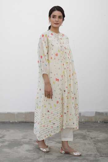 Begum_Ivory Kurta Kota Print And Embroidery Floral Faya Asymmetric Set _Online_at_Aza_Fashions