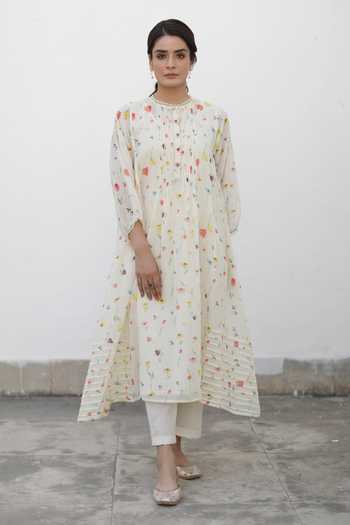 Buy_Begum_Ivory Kurta Kota Print And Embroidery Floral Faya Asymmetric Set _Online_at_Aza_Fashions