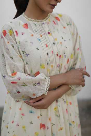 Shop_Begum_Ivory Kurta Kota Print And Embroidery Floral Faya Asymmetric Set _Online_at_Aza_Fashions